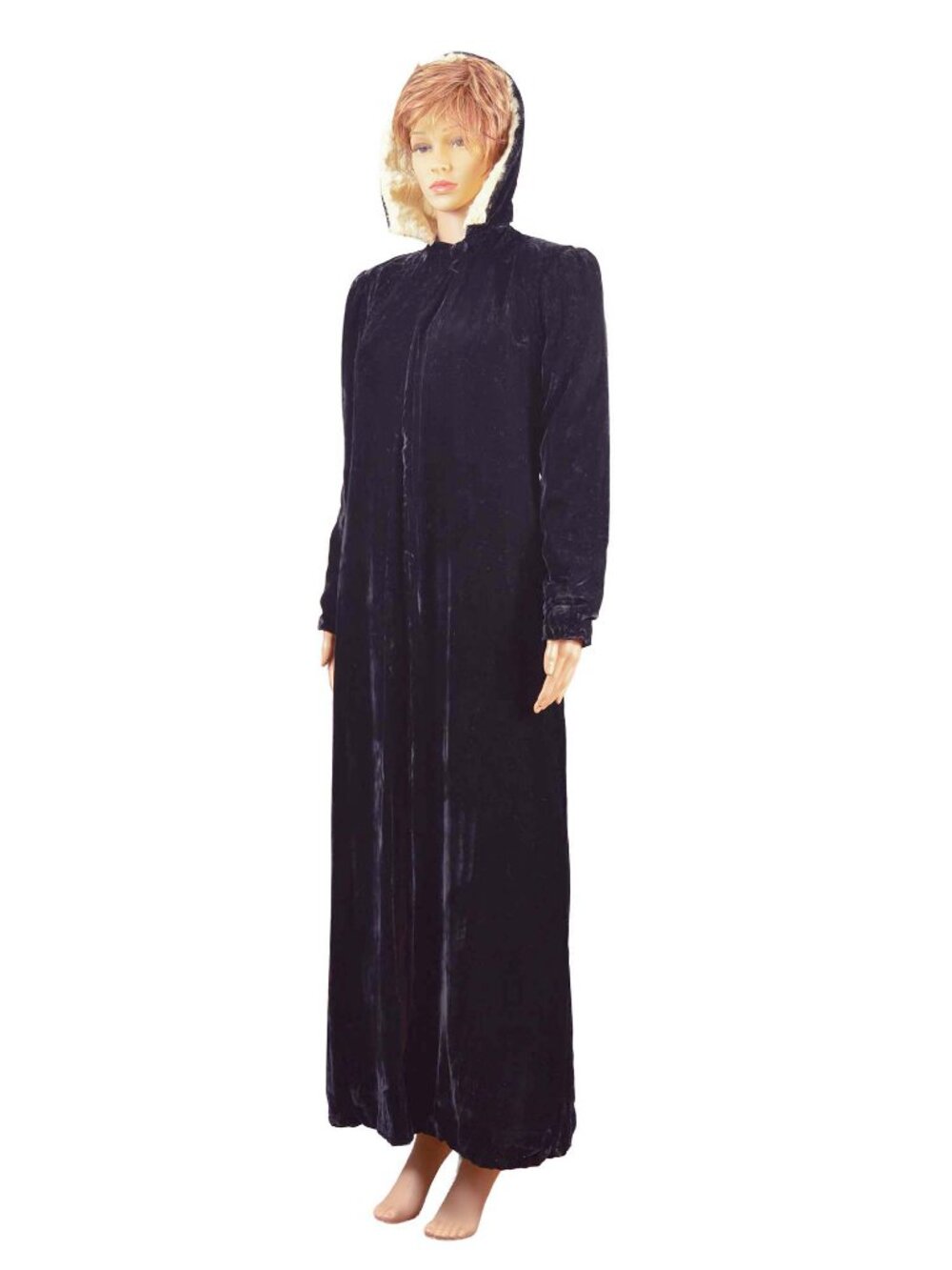 Very Old 1940s Velvet & Rabbit Long Hooded Coat Fair Condition